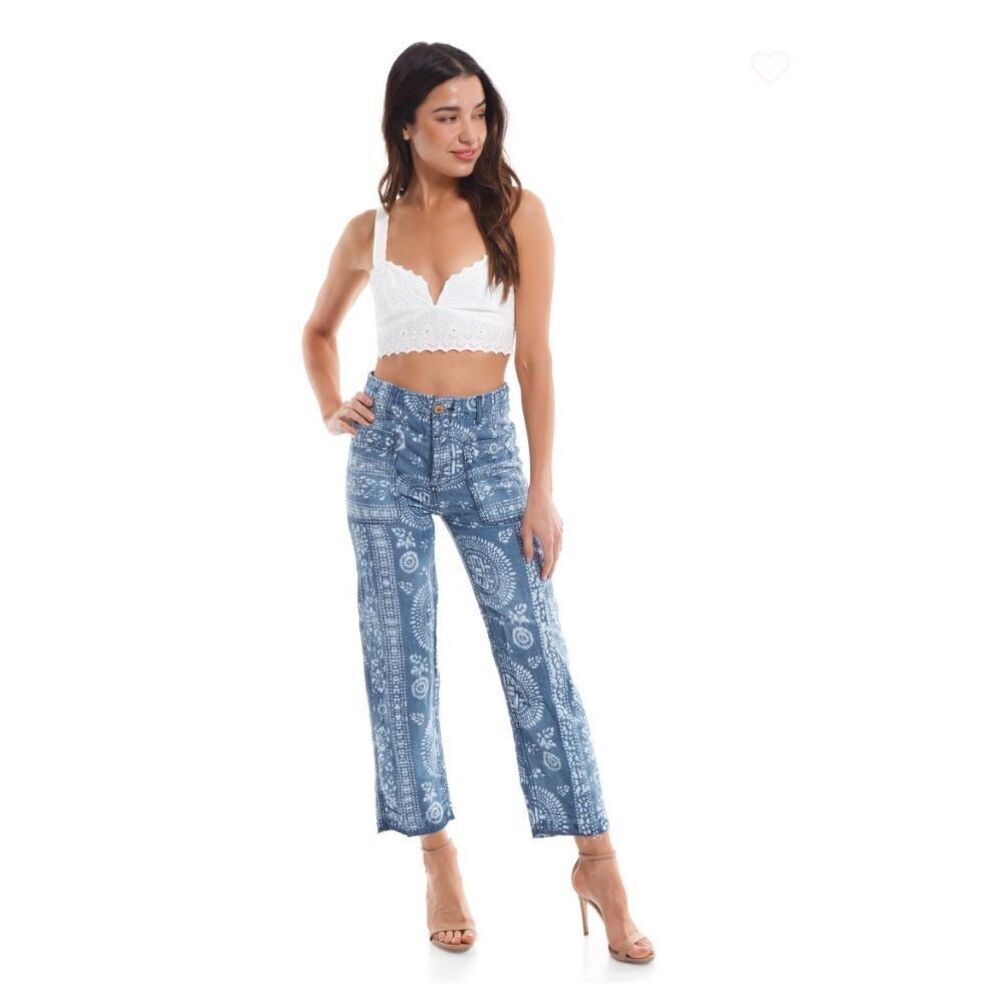 Free People Island Vibes‎ Linen Blend Cropped Pant Blue Size 25